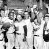 Baseball team the Brooklyn Dodgers finally beat the New York Yankees to win the 1955 World Series.